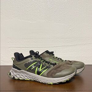 New Balance Men's Trail Runners in Olive with Black and Neon Green Accents